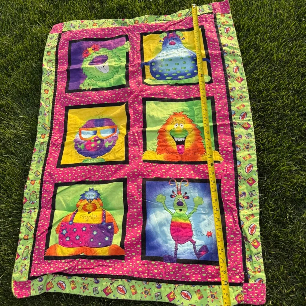Handmade Monster Character Quilted Baby Blanket Colorful Striped Reverse 27x38